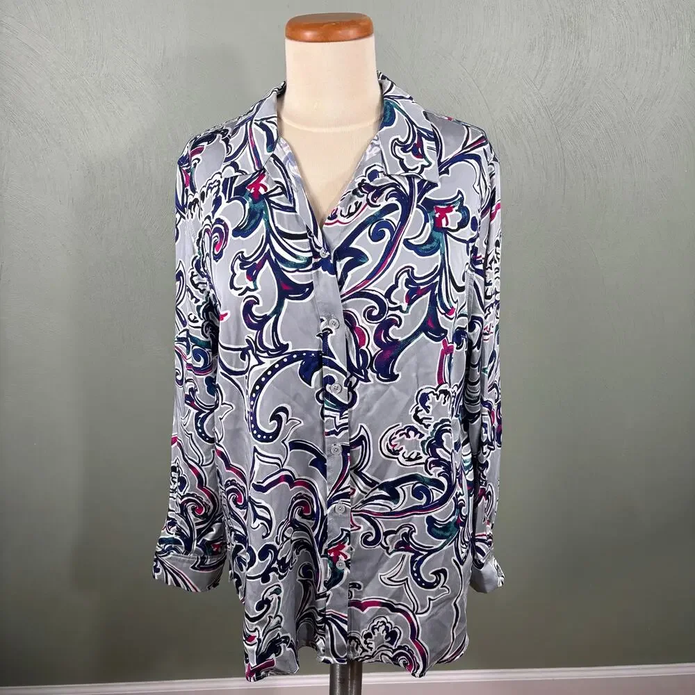 Chico's Long Sleeve Shirt Women's Size 2 Large Satin Sand‎ Wash Casual Button Up